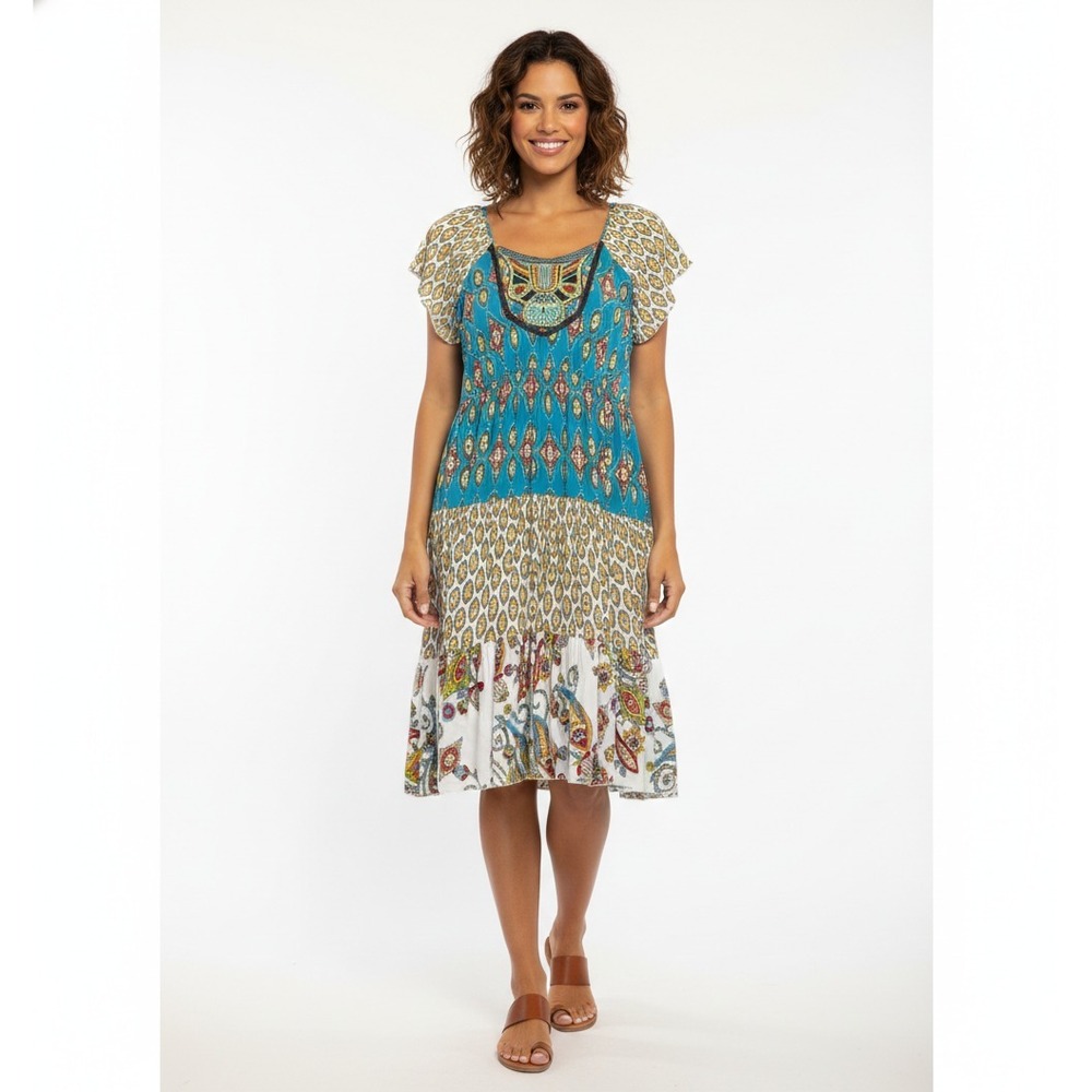 Boho Teal Floral Patterned Flutter Sleeve Dress